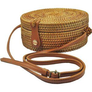 Handwoven Round Rattan Bag Made In Vietnam, Real Leather Adjustable Strap Bag